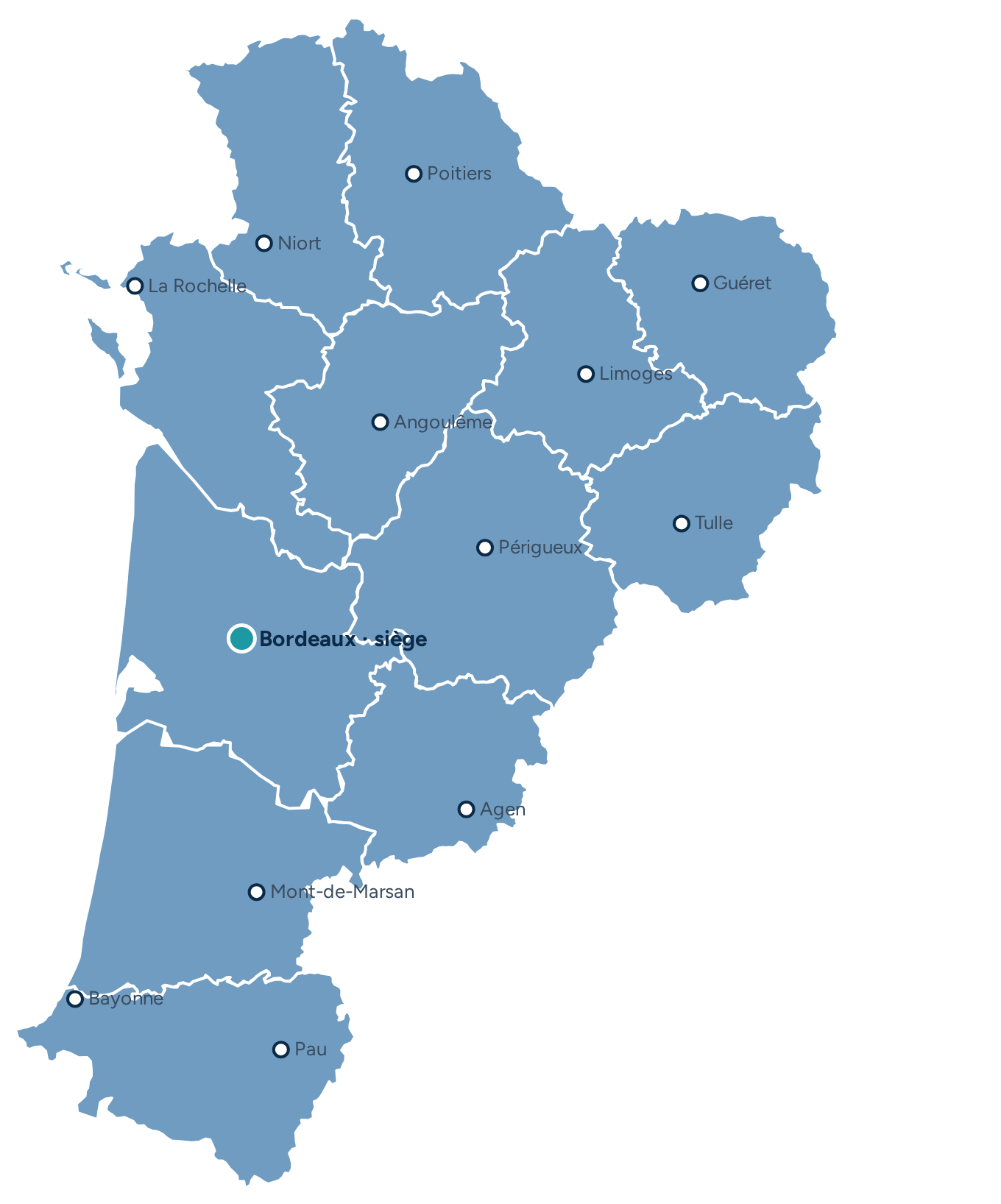 Carte de la Nouvelle-Aquitaine : siège à Bordeaux, consultants présents dans les douze départements